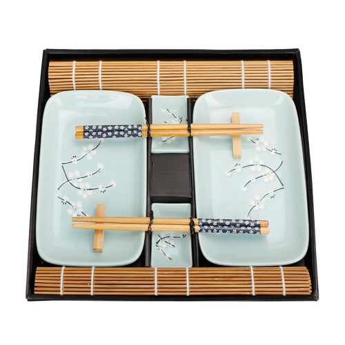 Service a sushi Exzact 10 pieces en porcelaine bleu pale a fleurs de cerisier