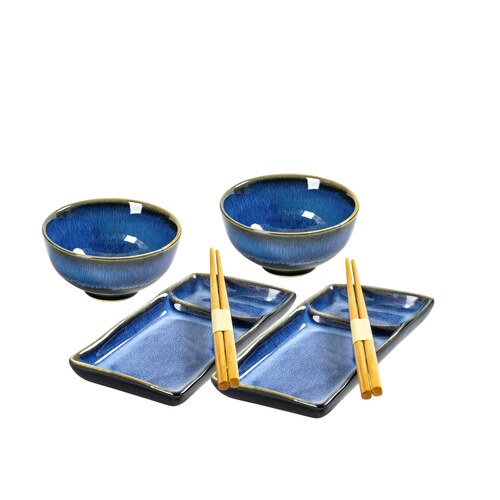 Service a sushi HENXFEN avec assiettes compartimentees a email bleu