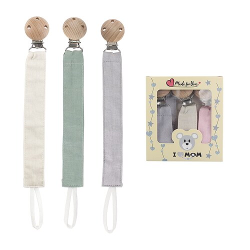 Attache-tetine en tissu RUBY lot de 3 avec pince en bois