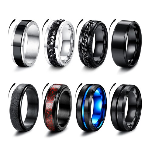 Lot de 8 bagues anti-stress homme MILACOLATO tournantes noires