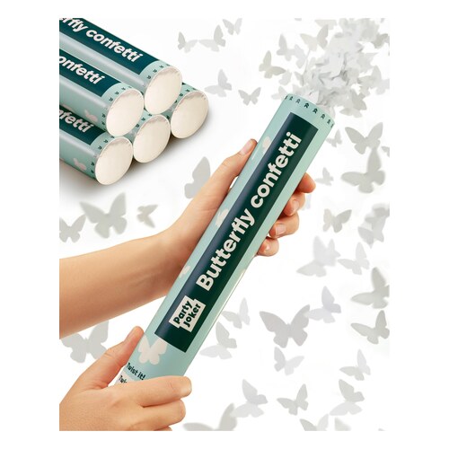 Canons a confettis Partyjoker papillons blancs papier certifie lot de 5