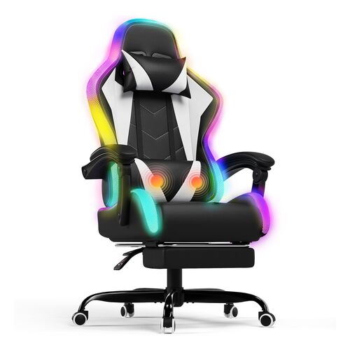 Chaise gaming Devoko à éclairage RGB, coussin lombaire massant et repose-pieds