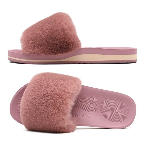 Claquette fourrure rose Coface a bout ouvert avec semelle ergonomique et voute plantaire