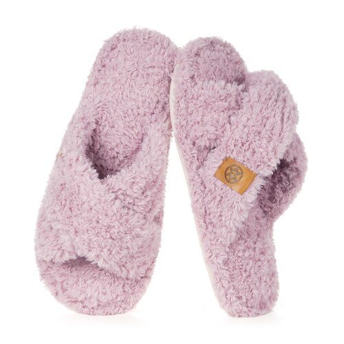 Claquette fourrure rose Dokela a bandes croisees en peluche et mousse a memoire