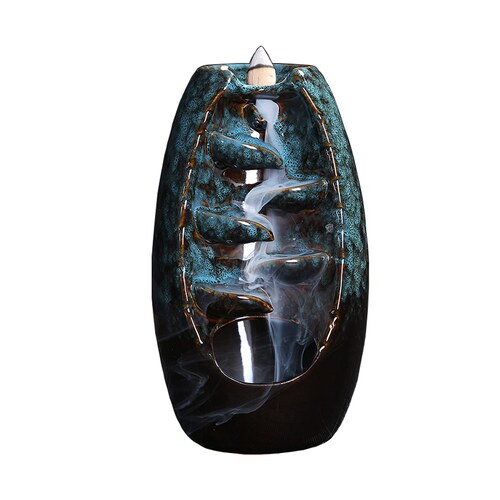 Fontaine à encens xunfu en céramique émaillée bleue avec cascade de fumée