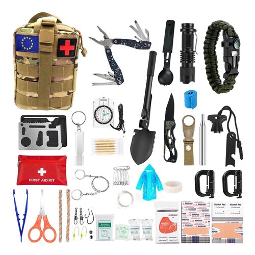 Kit de survie complet 153 en 1 avec pochette MOLLE et pelle pliante