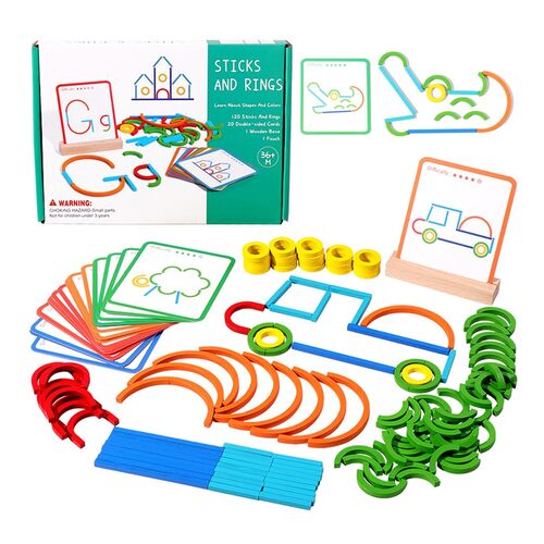 Jeu de 120 bâtonnets et anneaux Montessori avec cartes