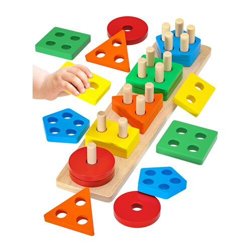 Jeu Montessori Uping en bois à tiges avec vingt blocs de cinq formes