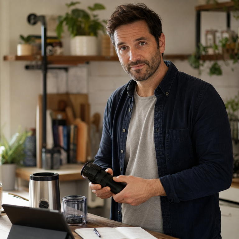 Paul, fondateur de Guides-achat.com, examine un appareil dans sa cuisine