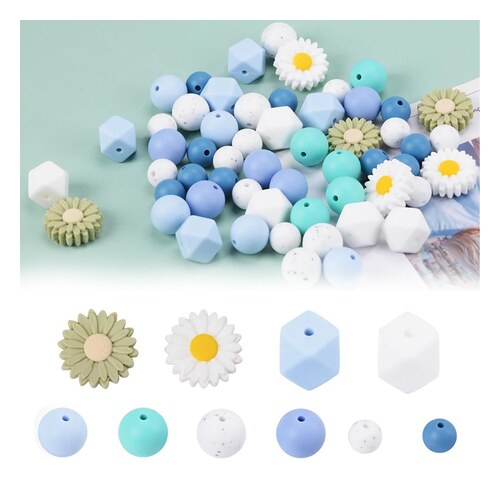 Lot de 56 perles en silicone Lxoraziy marguerite et hexagonales en camaieu bleu