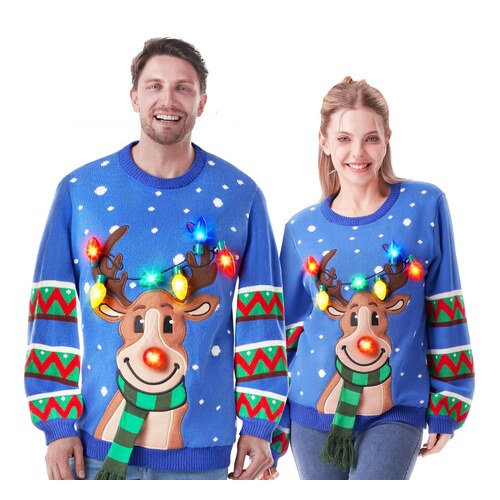 Pull de Noel moche lumineux JOYIN a renne avec nez et guirlande a LED