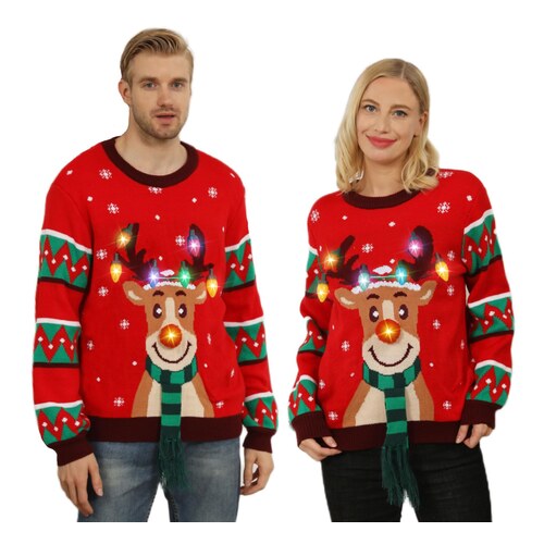 Pull de Noel moche lumineux Kouric rouge a renne avec 2 piles CR2032 fournies
