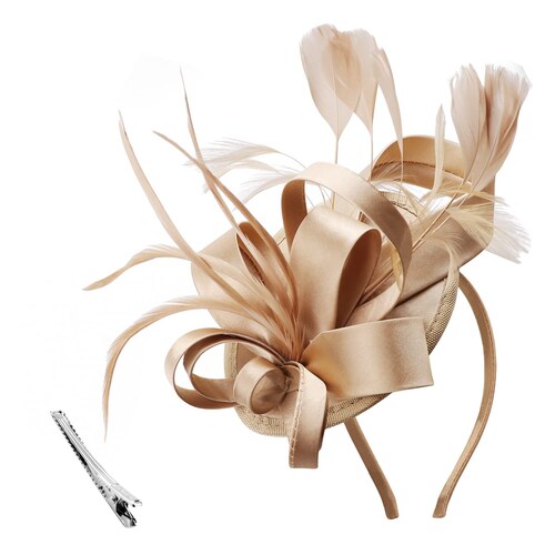 Fascinator DRESHOW beige a plumes et ruban de satin avec pince et serre-tete