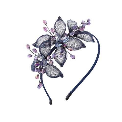 Serre-tete de mariage IYOU a fleurs de fil de cuivre et cristaux bleu marine