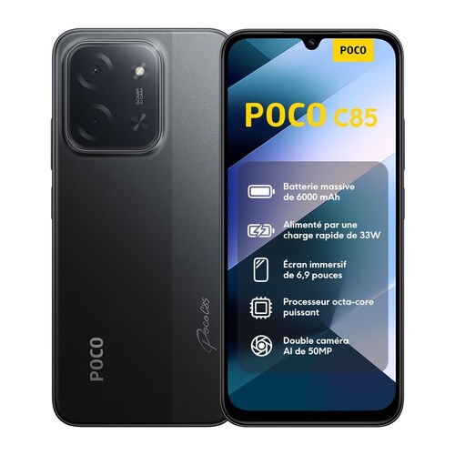 Smartphone Xiaomi POCO C85 noir avec batterie de 6000 milliampères-heures